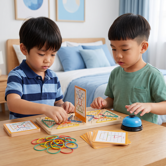 Montessori Wooden Geometry Battle Game with Colorful Rubber Bands