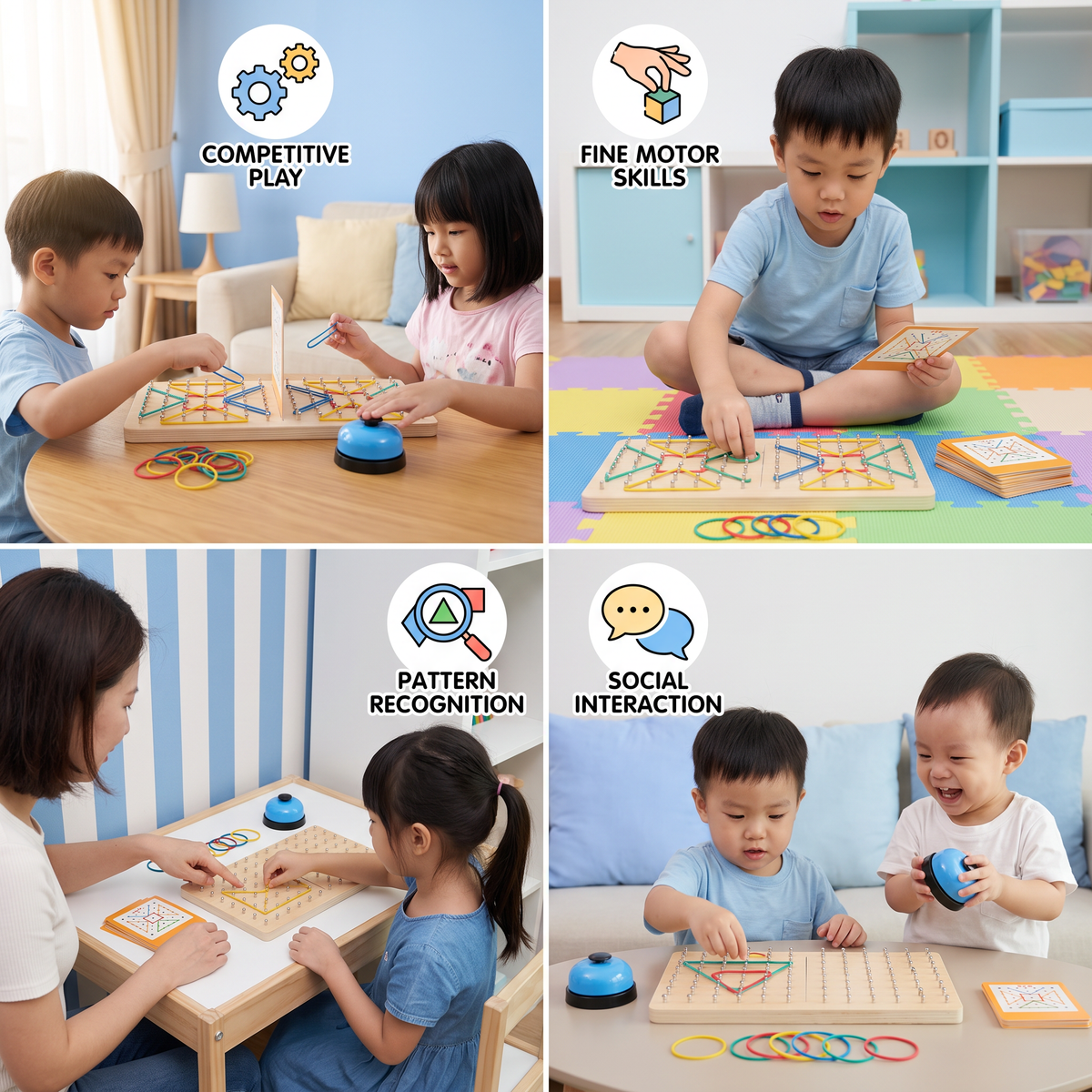 Montessori Wooden Geometry Battle Game with Colorful Rubber Bands