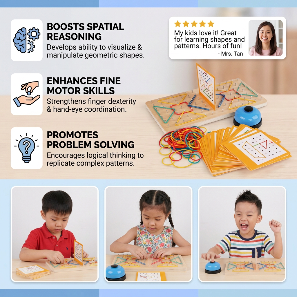 Montessori Wooden Geometry Battle Game with Colorful Rubber Bands