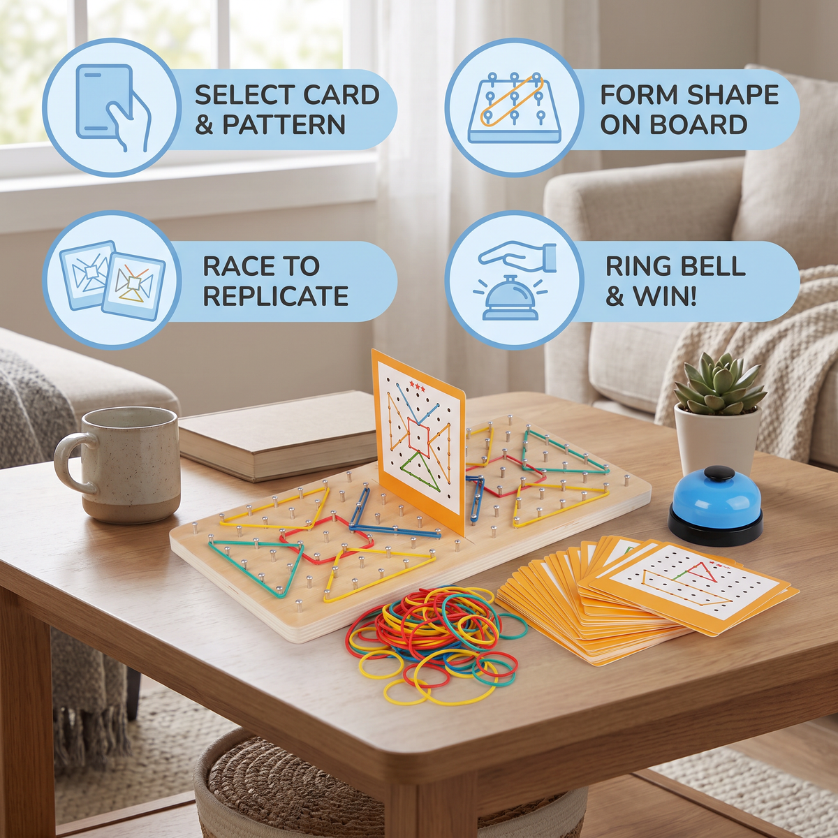 Montessori Wooden Geometry Battle Game with Colorful Rubber Bands