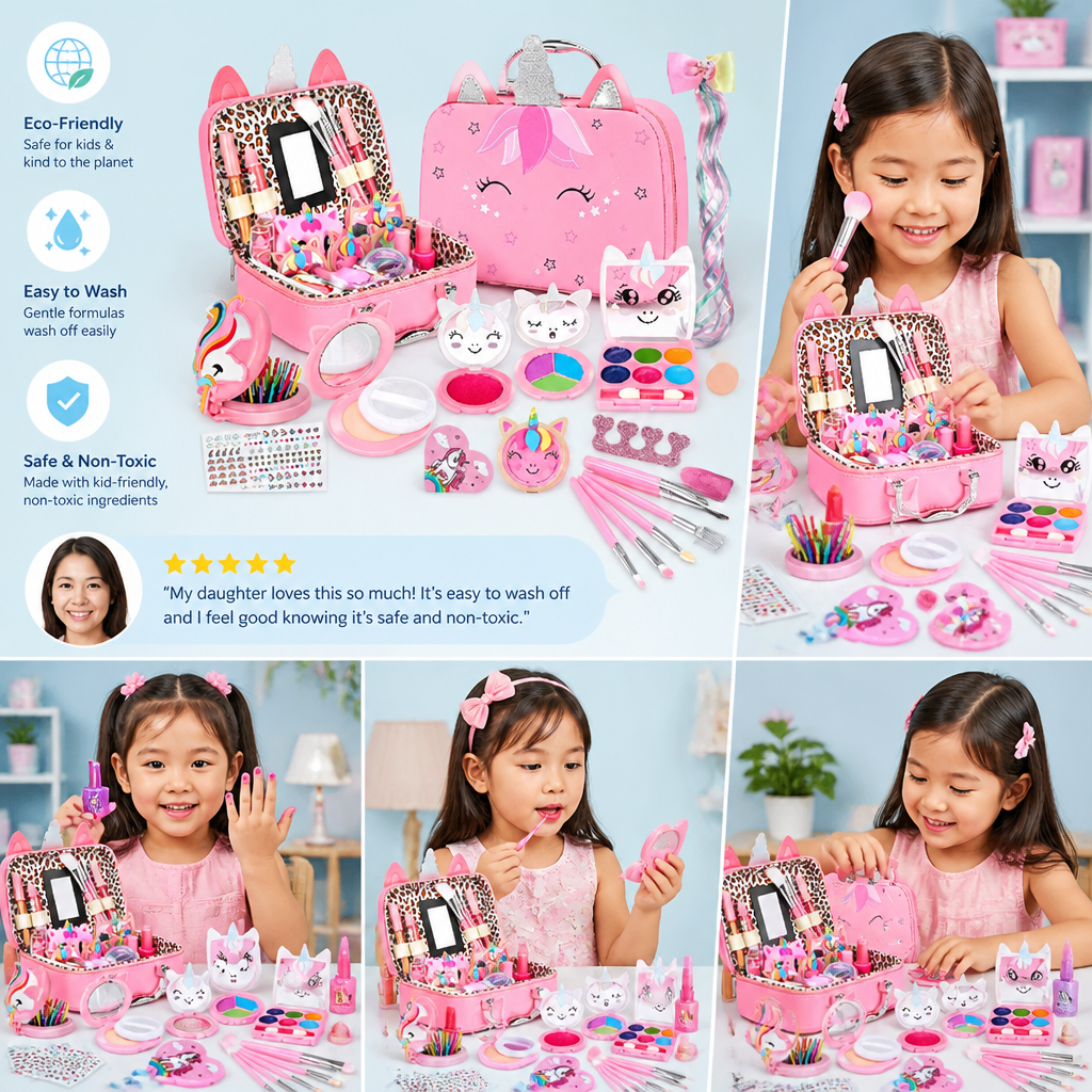 Kids’ Eco-Friendly & Easy-to-Wash Princess Makeup Kit with Cosmetic Bag