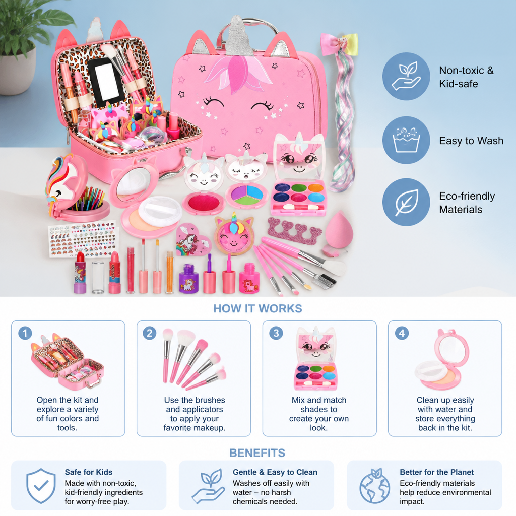 Kids’ Eco-Friendly & Easy-to-Wash Princess Makeup Kit with Cosmetic Bag