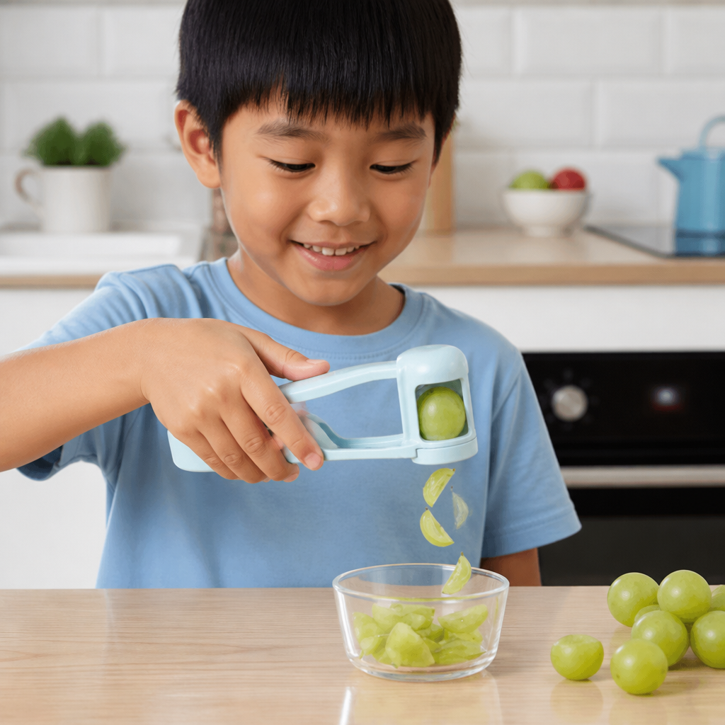 Stainless Steel Grape & Cherry Tomato Cutter – Safe One-Press Quarter Slicer for Toddlers & Kids