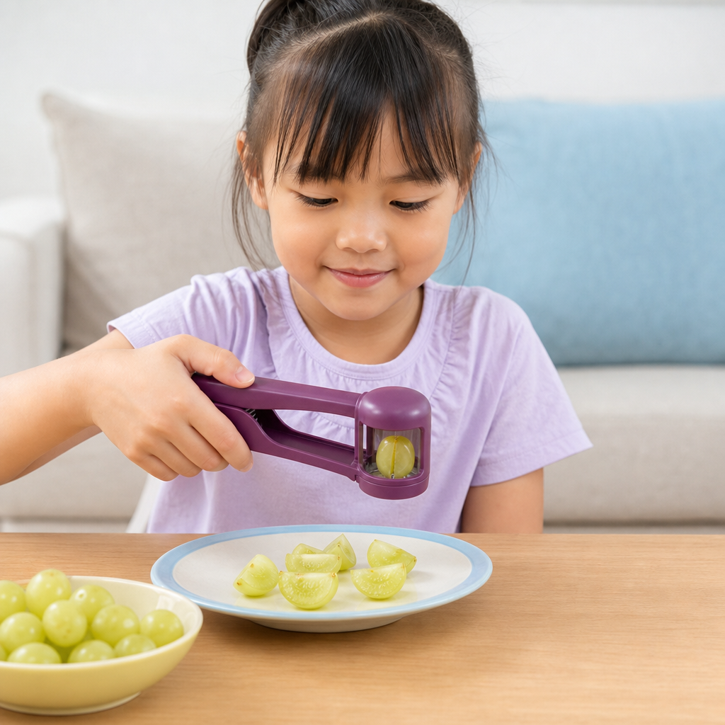 Stainless Steel Grape & Cherry Tomato Cutter – Safe One-Press Quarter Slicer for Toddlers & Kids