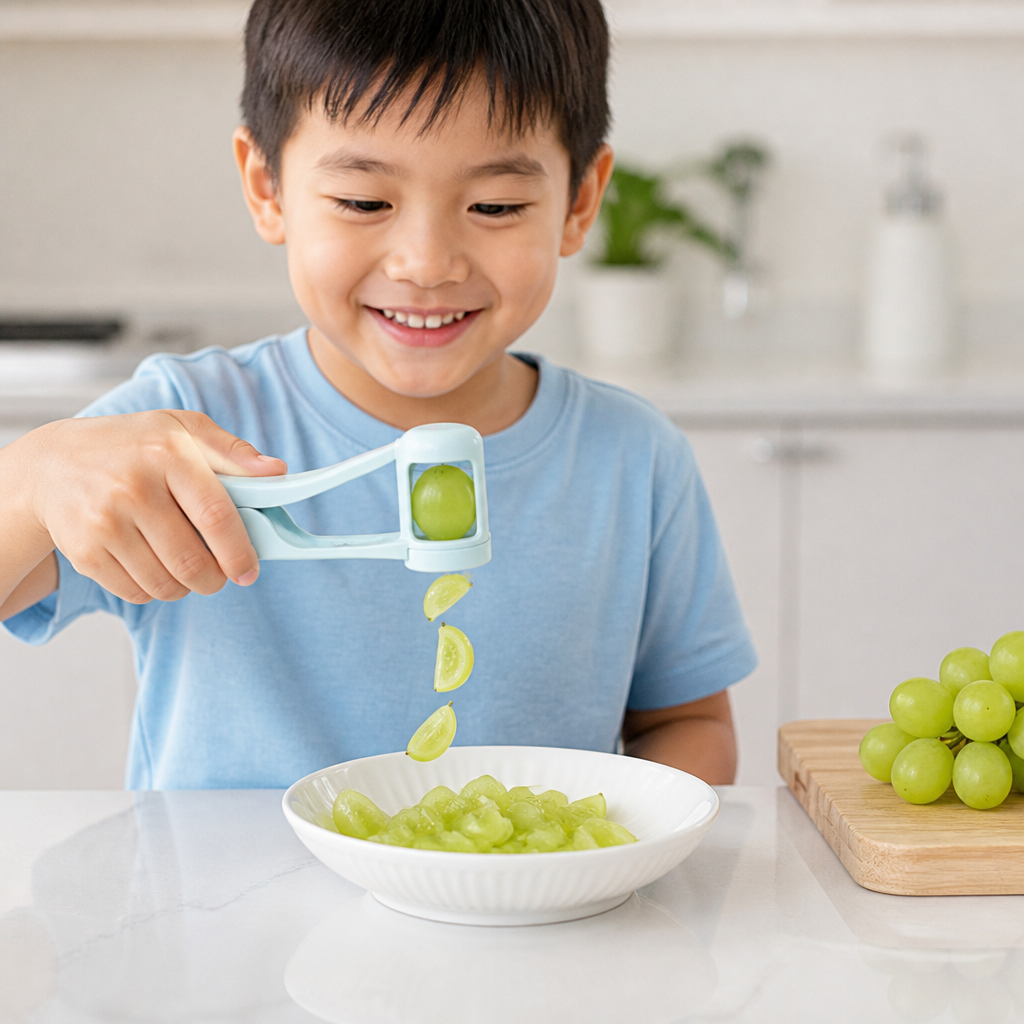 Stainless Steel Grape & Cherry Tomato Cutter – Safe One-Press Quarter Slicer for Toddlers & Kids