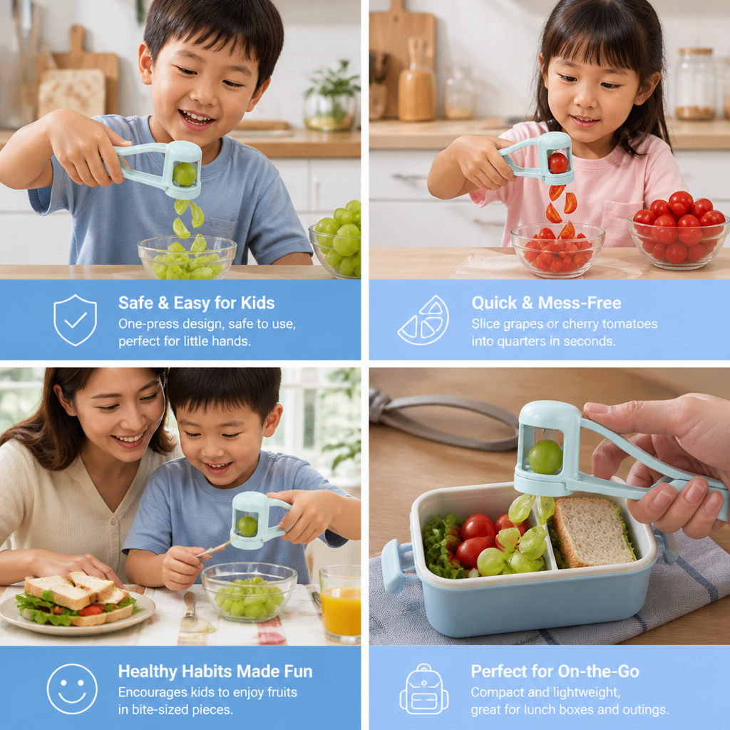 Stainless Steel Grape & Cherry Tomato Cutter – Safe One-Press Quarter Slicer for Toddlers & Kids