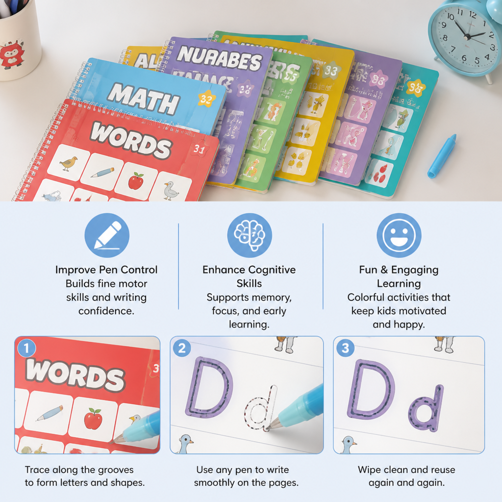 Reusable Grooved Handwriting Practice Books for Kids – 6-Piece Tracing & Writing Set