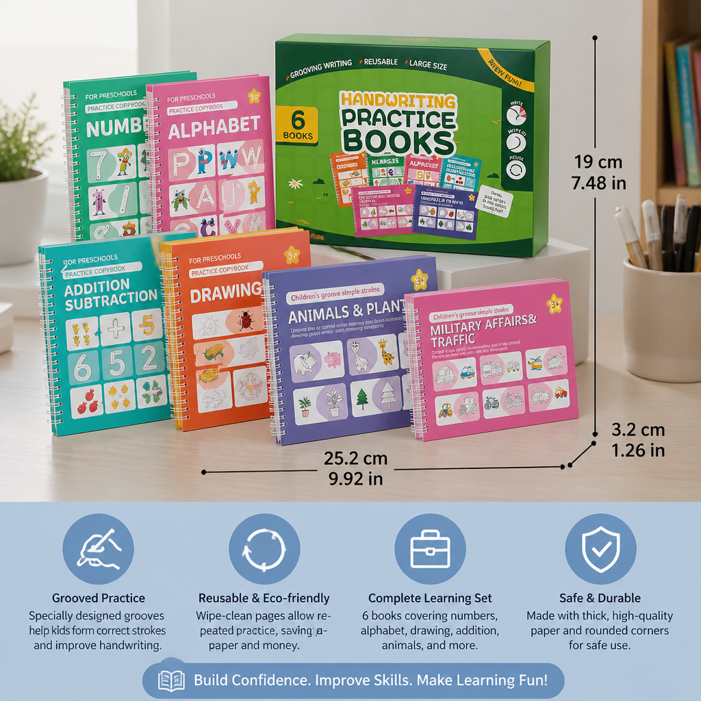 Reusable Grooved Handwriting Practice Books for Kids – 6-Piece Tracing & Writing Set
