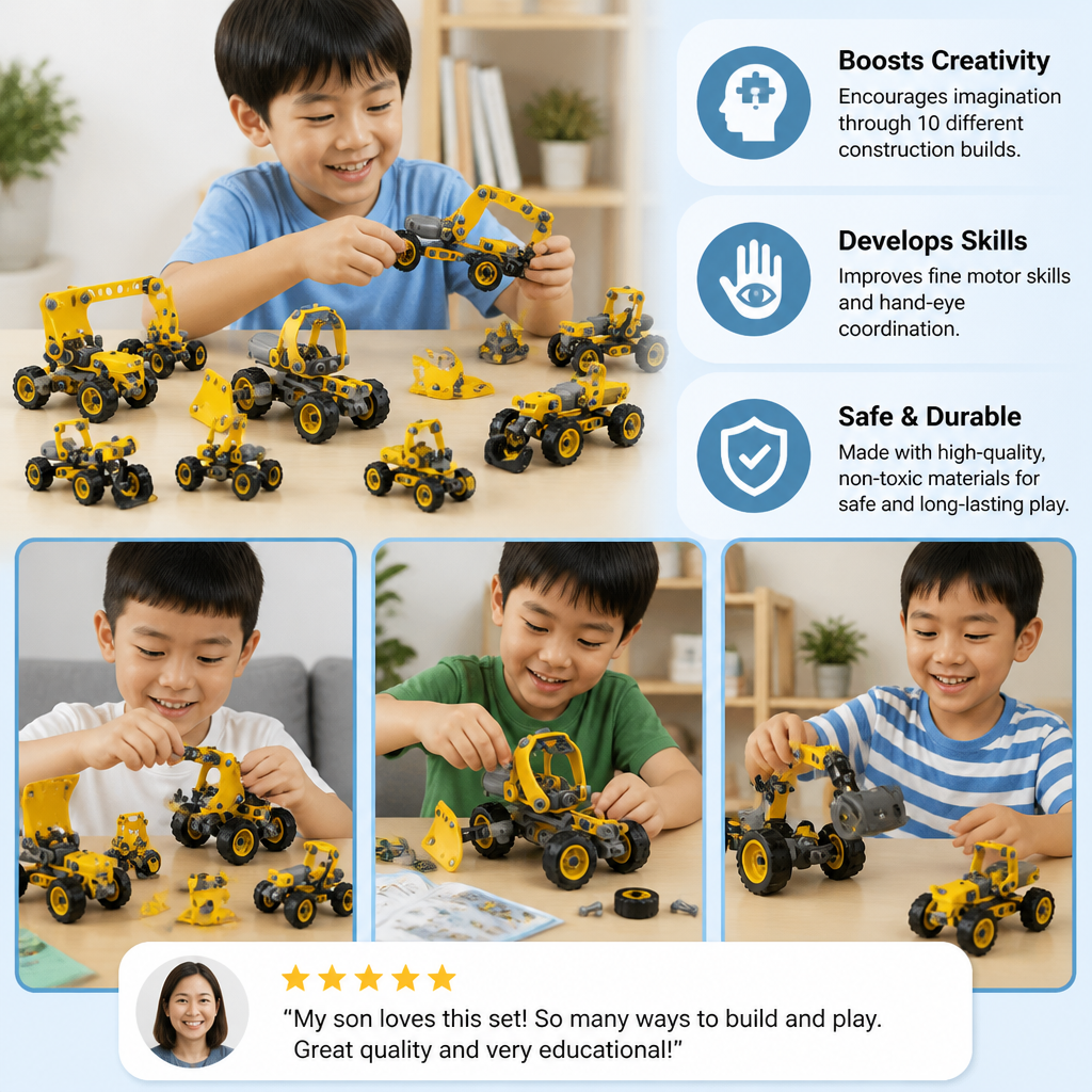 10-in-1 Creative Electric Construction Truck Building Set for Kids