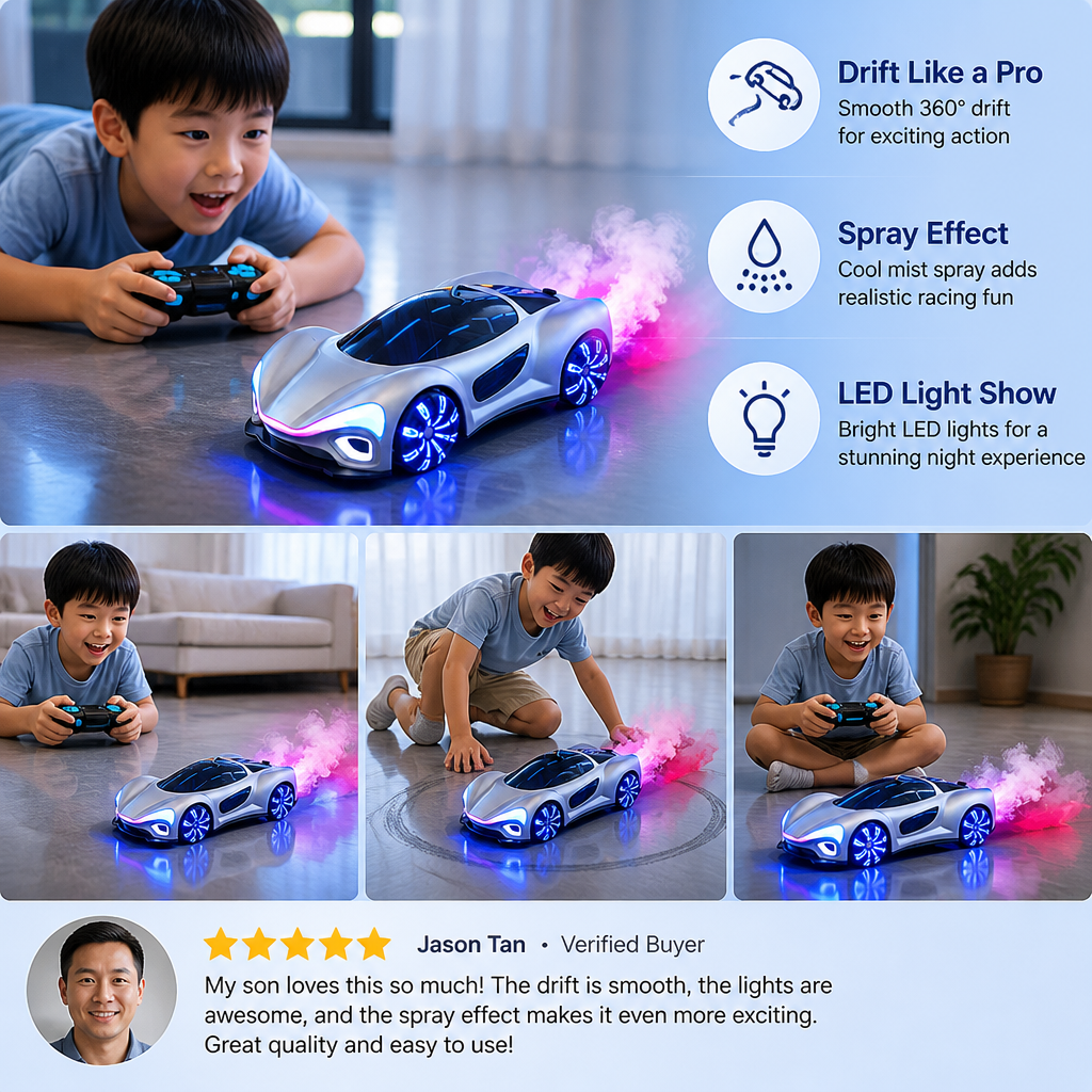 Light-Up RC Drift Car with Spray Effect & Charging Station