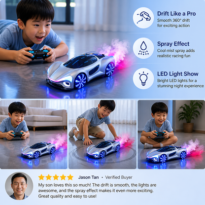 Light-Up RC Drift Car with Spray Effect & Charging Station