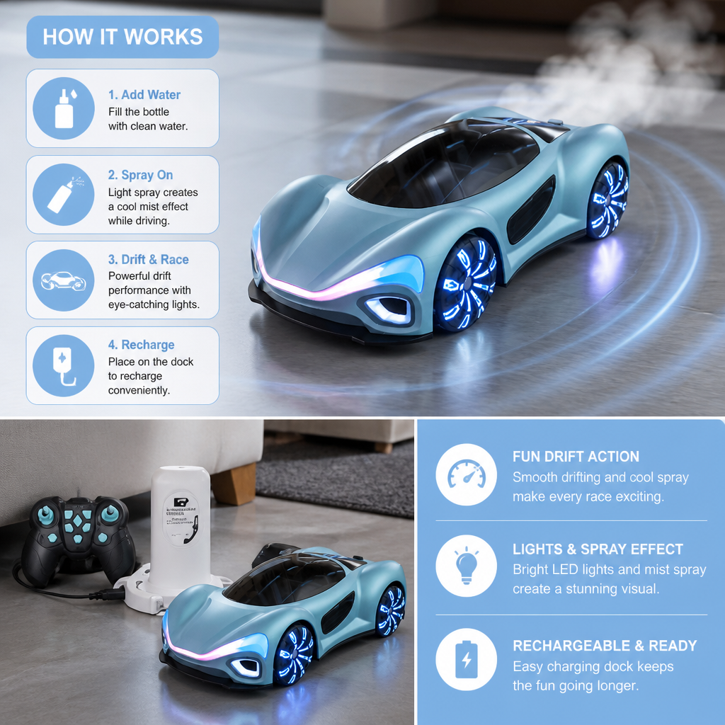 Light-Up RC Drift Car with Spray Effect & Charging Station
