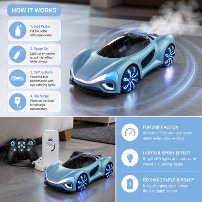 Light-Up RC Drift Car with Spray Effect & Charging Station
