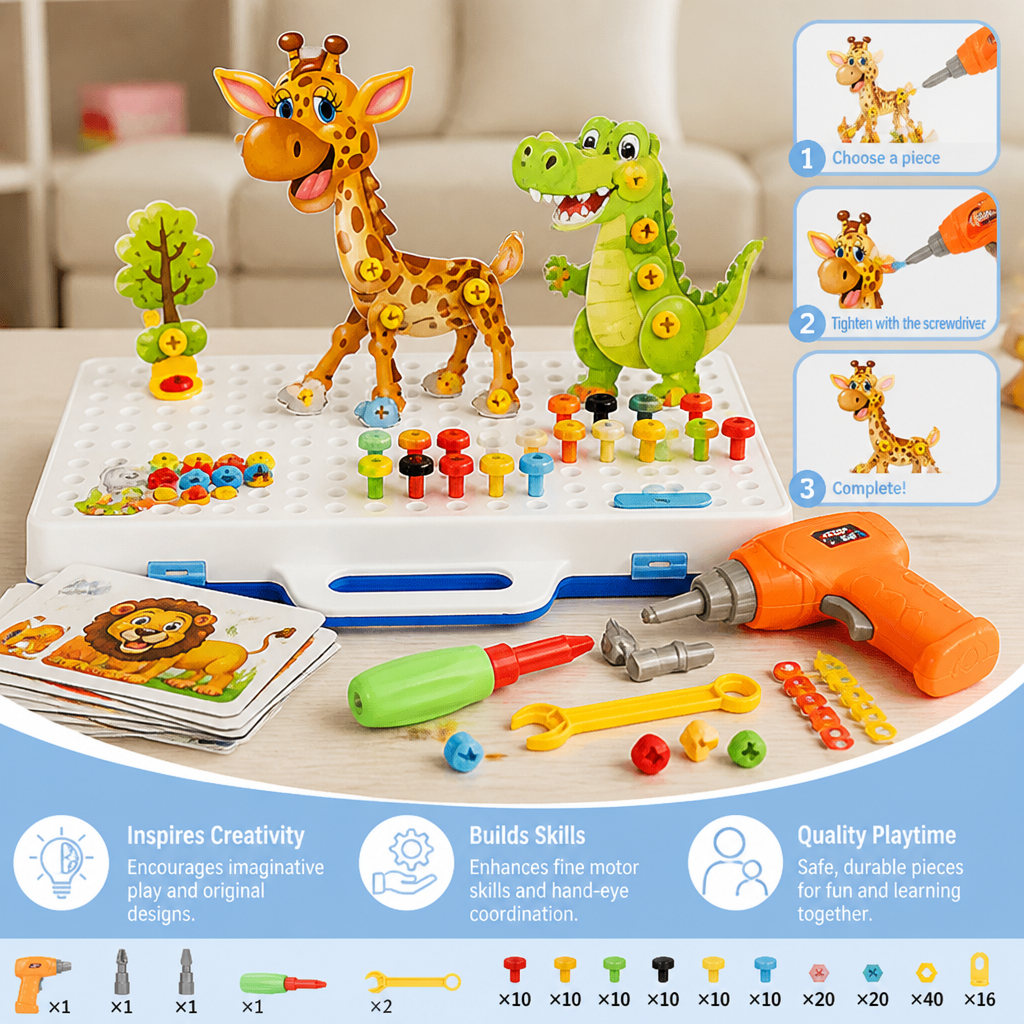 Safari Animal Building Block Set with Electric Toy Drill for Kids