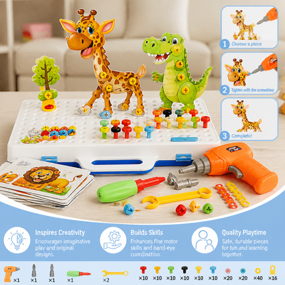 Safari Animal Building Block Set with Electric Toy Drill for Kids