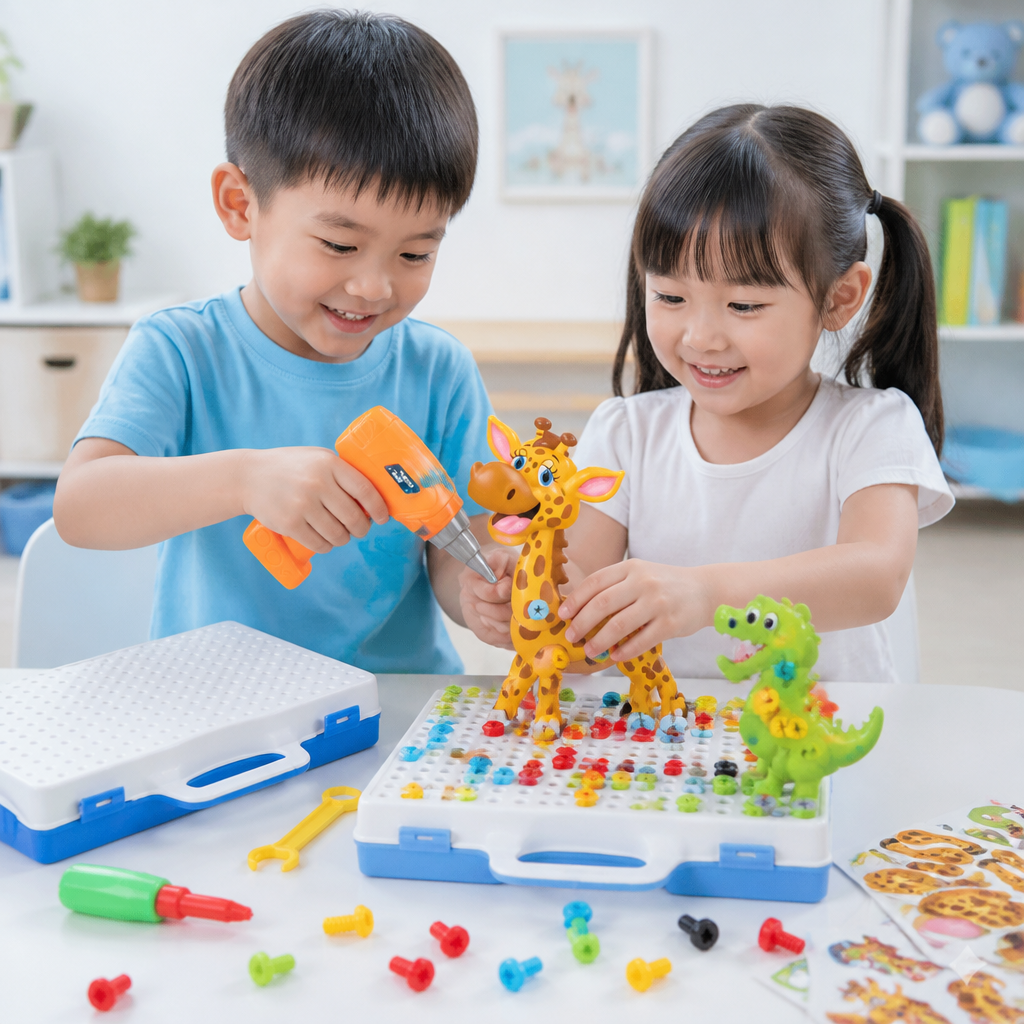 Safari Animal Building Block Set with Electric Toy Drill for Kids