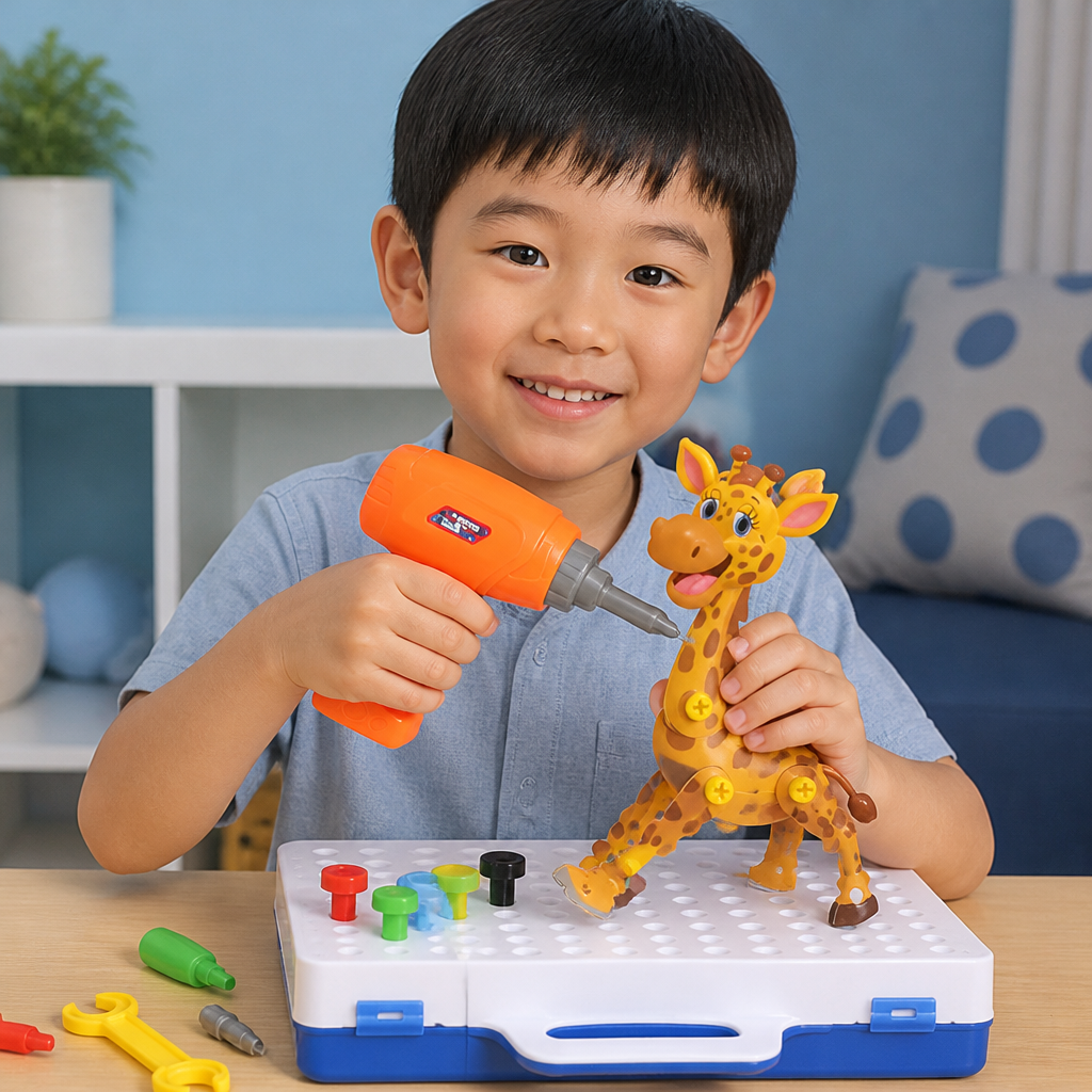 Safari Animal Building Block Set with Electric Toy Drill for Kids