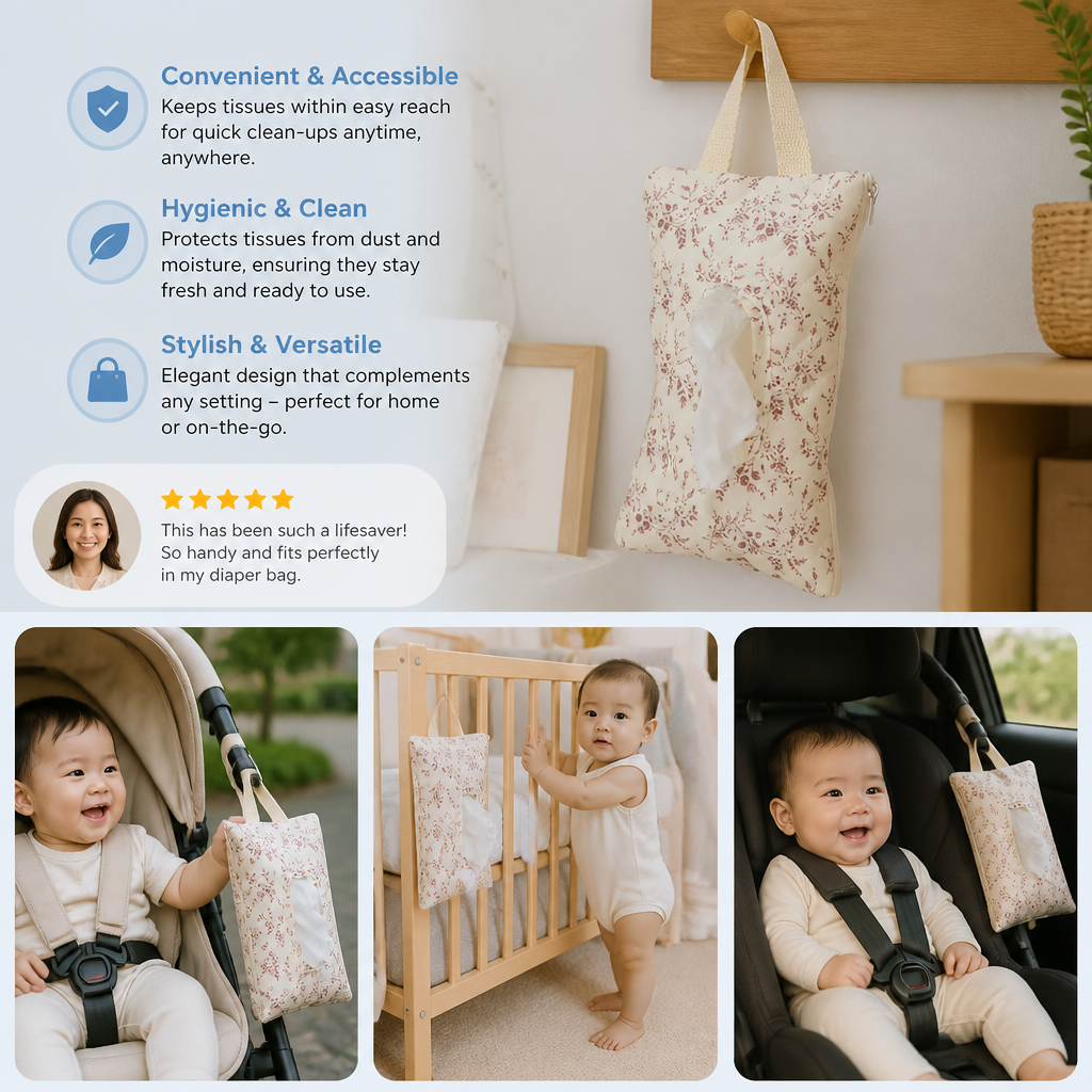 Hanging Tissue Holder for Strollers, Cribs & Cars