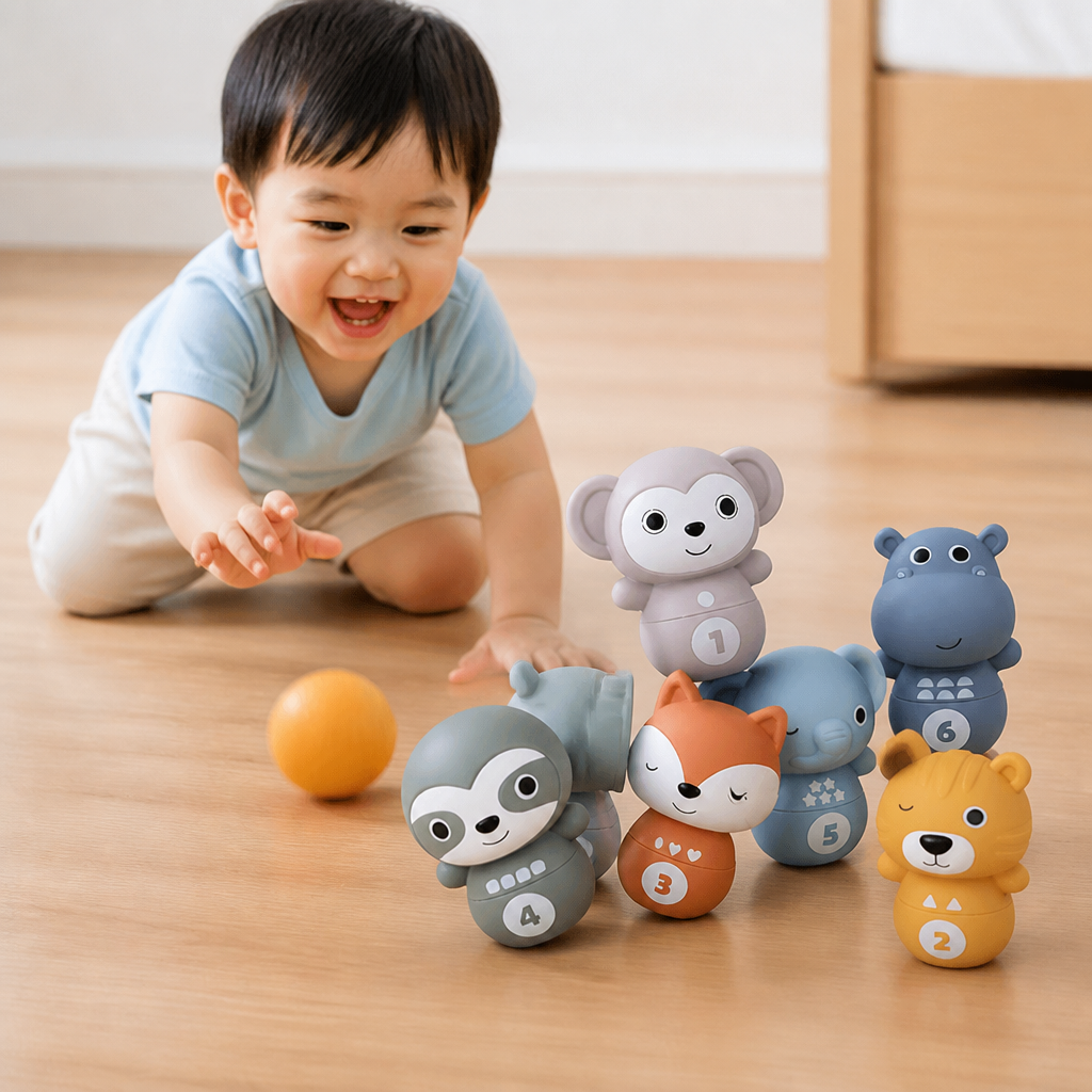 6-in-1 Soft Rubber Animal Bowling & Stacking Game – Montessori Learning Toy for Kids