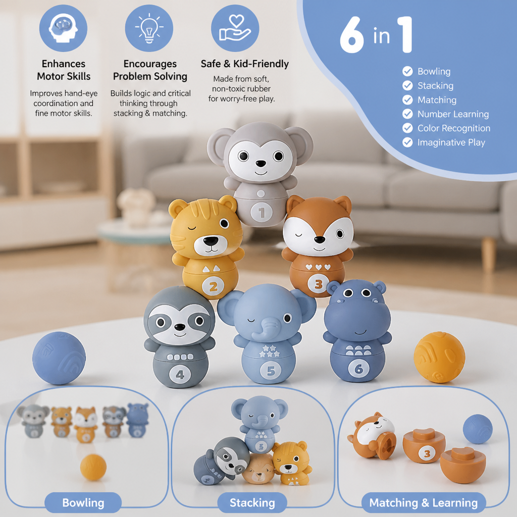 6-in-1 Soft Rubber Animal Bowling & Stacking Game – Montessori Learning Toy for Kids