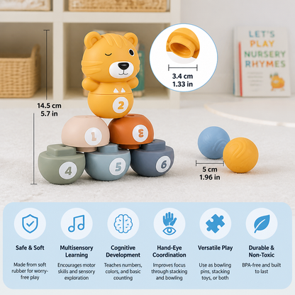 6-in-1 Soft Rubber Animal Bowling & Stacking Game – Montessori Learning Toy for Kids