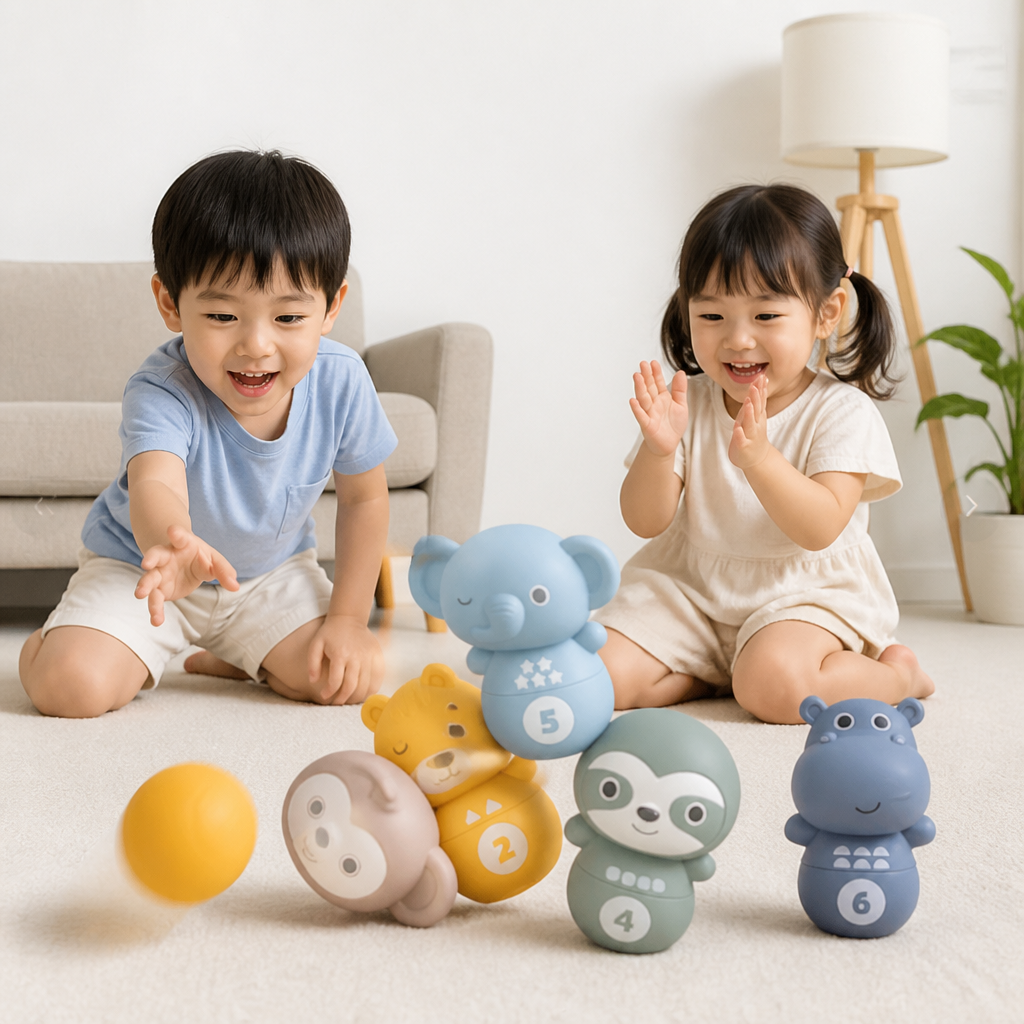 6-in-1 Soft Rubber Animal Bowling & Stacking Game – Montessori Learning Toy for Kids
