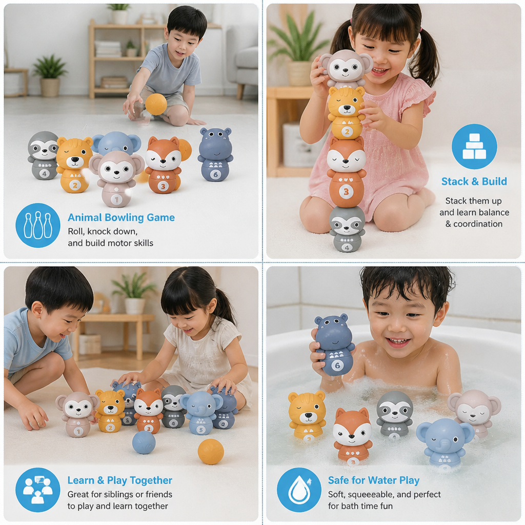 6-in-1 Soft Rubber Animal Bowling & Stacking Game – Montessori Learning Toy for Kids