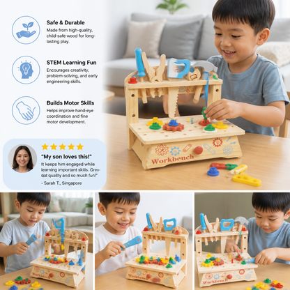 Wooden Kids Workbench & Tool Set – DIY Construction & Fine Motor Skills Learning Toy