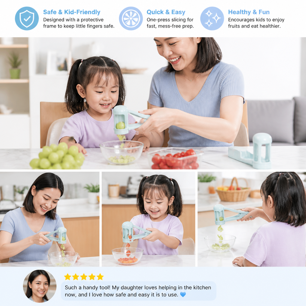 Stainless Steel Grape & Cherry Tomato Cutter – Safe One-Press Quarter Slicer for Toddlers & Kids