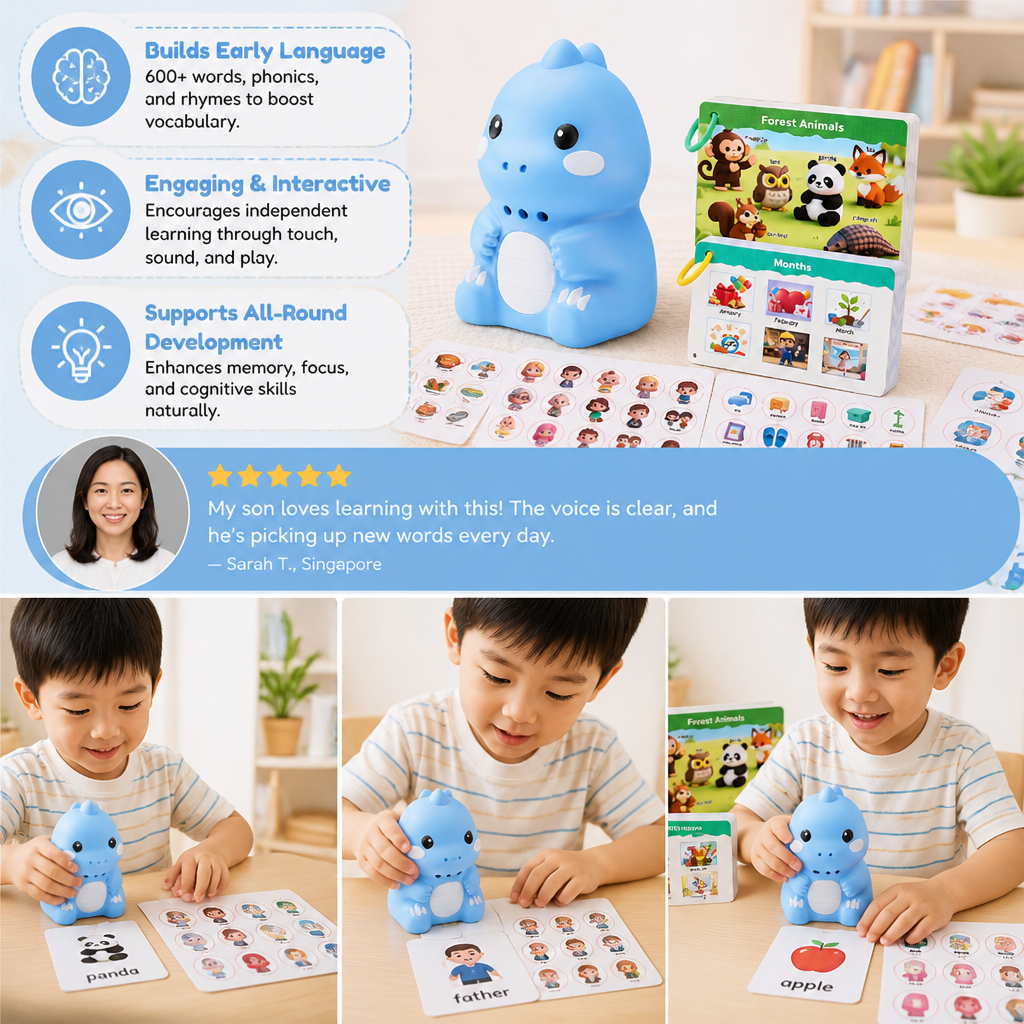 Interactive Dinosaur Talking Flash Cards & Stickers – Montessori Phonics & Sight Words Learning Set