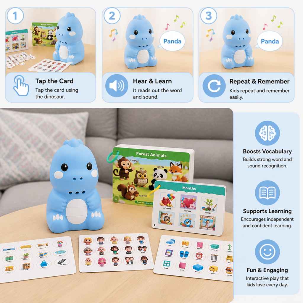 Interactive Dinosaur Talking Flash Cards & Stickers – Montessori Phonics & Sight Words Learning Set