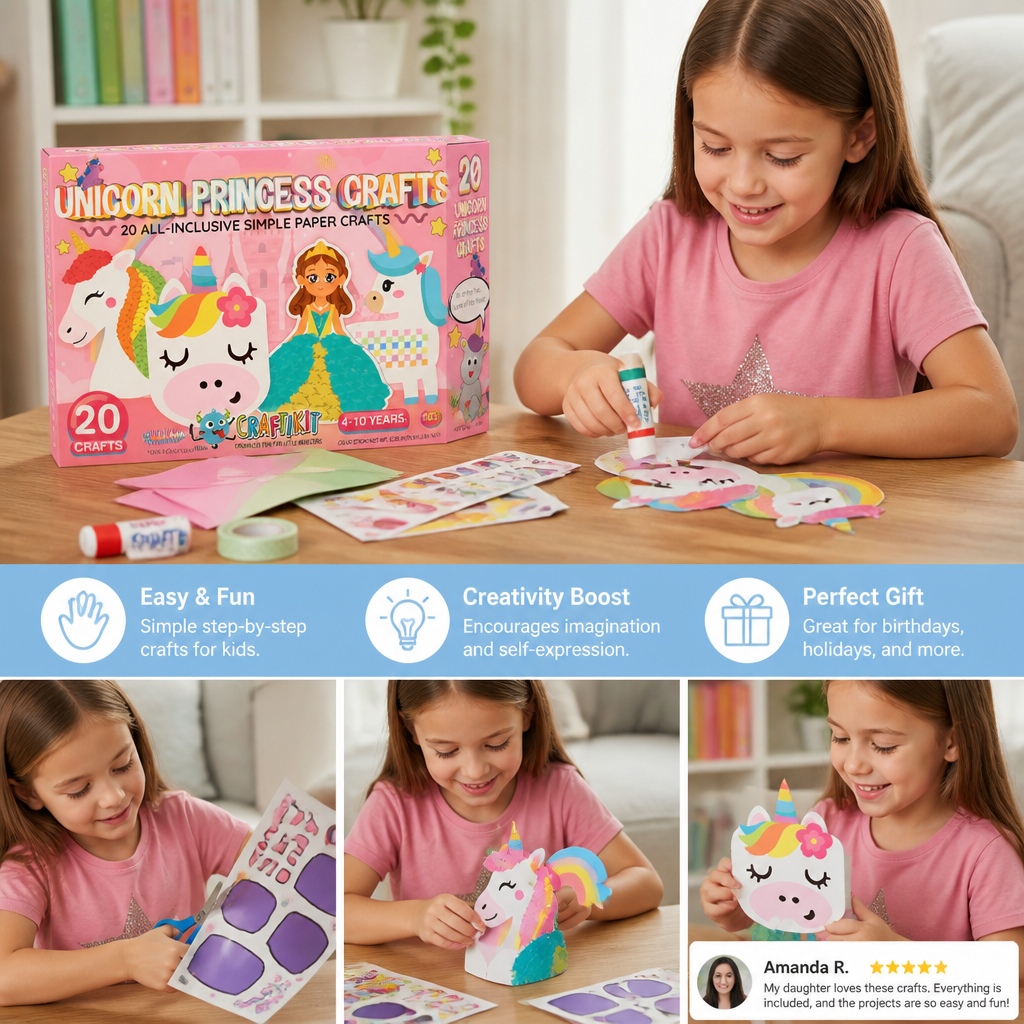 Kids Paper Crafts Box – 20 Easy DIY Arts & Crafts Projects for Ages 3–10 with Glue Stick, Tape & Envelopes
