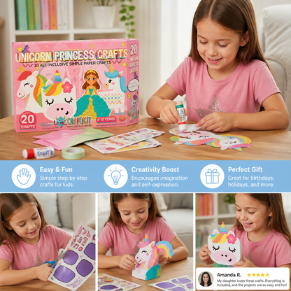 Kids Paper Crafts Box – 20 Easy DIY Arts & Crafts Projects for Ages 3–10 with Glue Stick, Tape & Envelopes