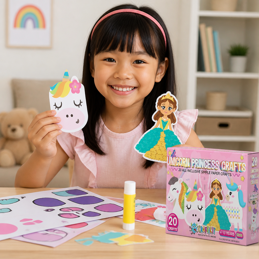 Kids Paper Crafts Box – 20 Easy DIY Arts & Crafts Projects for Ages 3–10 with Glue Stick, Tape & Envelopes