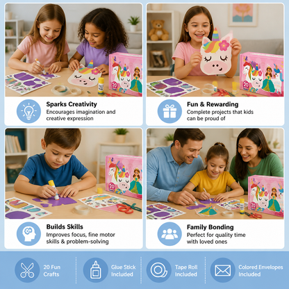 Kids Paper Crafts Box – 20 Easy DIY Arts & Crafts Projects for Ages 3–10 with Glue Stick, Tape & Envelopes