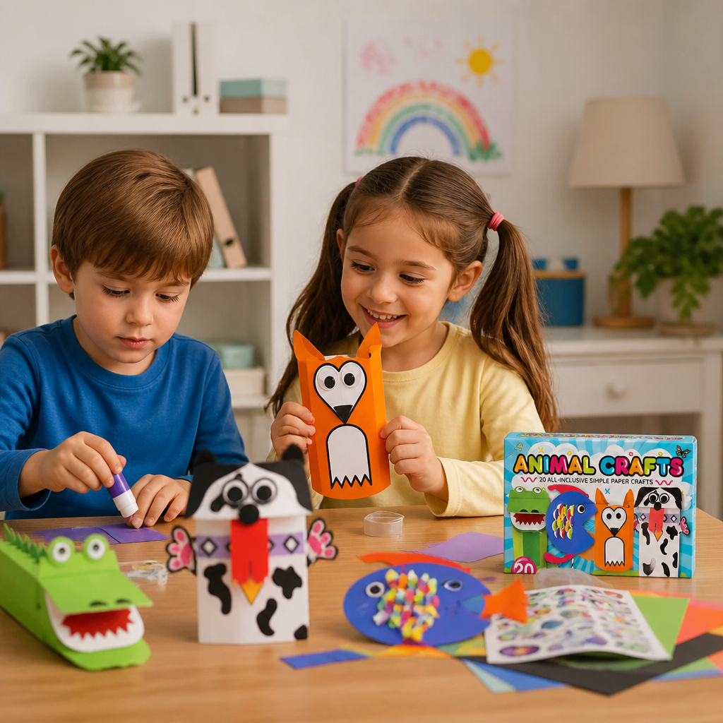 Kids Paper Crafts Box – 20 Easy DIY Arts & Crafts Projects for Ages 3–10 with Glue Stick, Tape & Envelopes