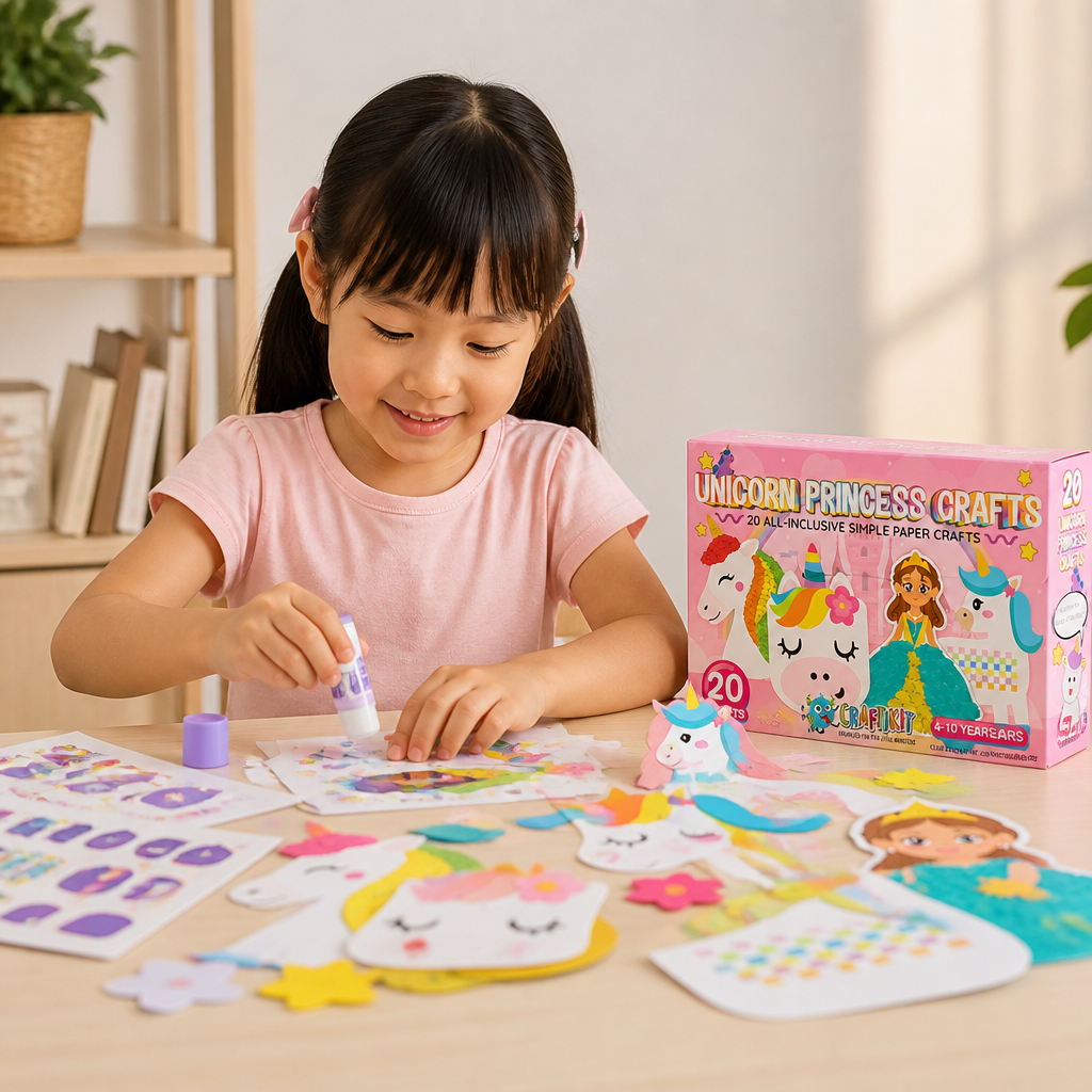 Kids Paper Crafts Box – 20 Easy DIY Arts & Crafts Projects for Ages 3–10 with Glue Stick, Tape & Envelopes