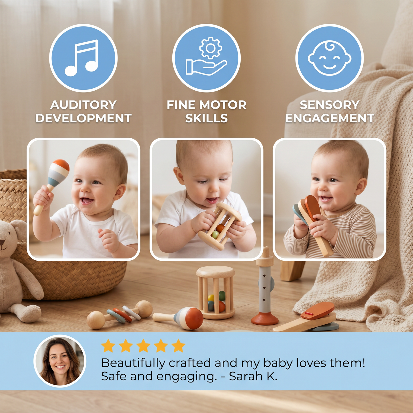 Montessori Wooden Baby Music Set – 5-Piece Sensory Rattle Toy Collection