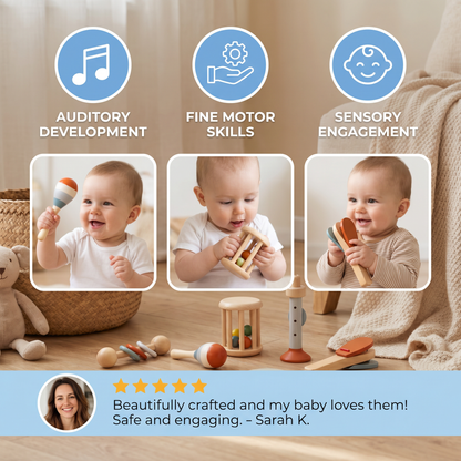 Montessori Wooden Baby Music Set – 5-Piece Sensory Rattle Toy Collection