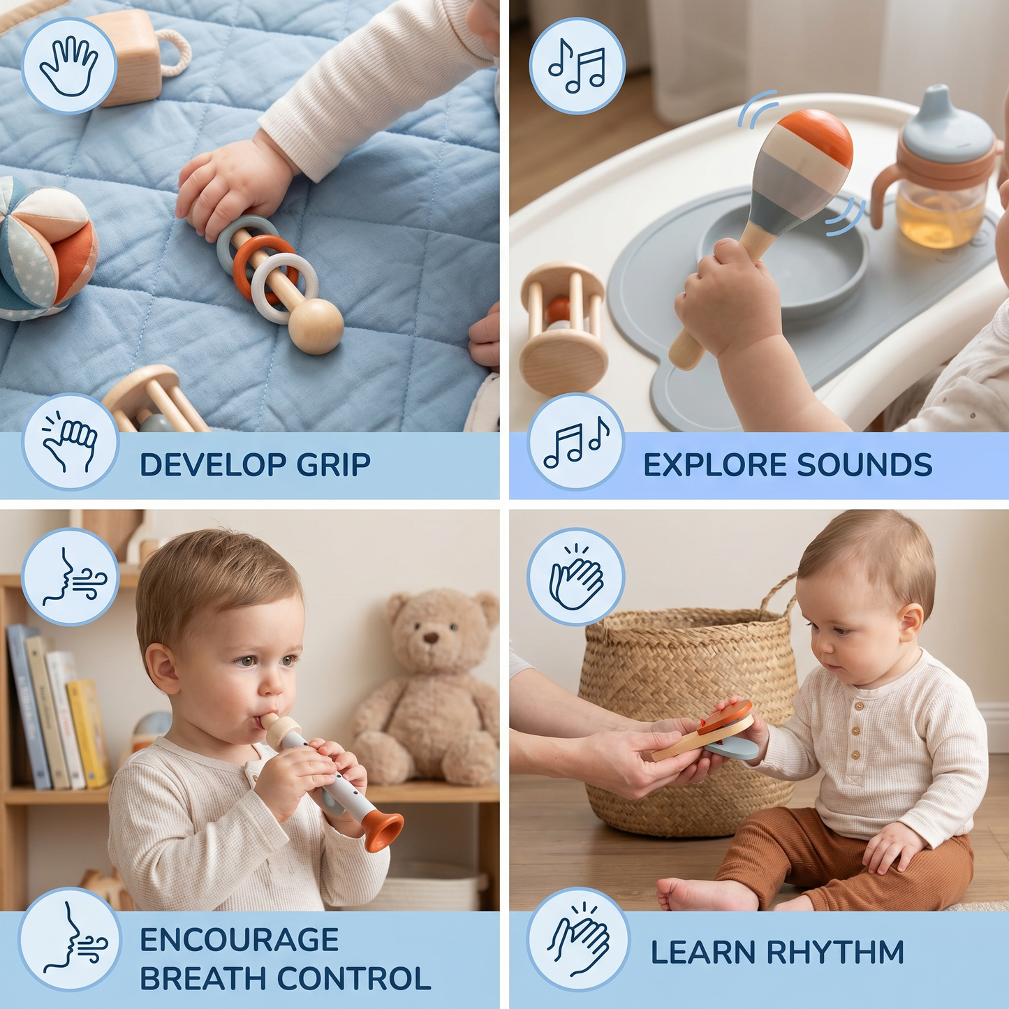 Montessori Wooden Baby Music Set – 5-Piece Sensory Rattle Toy Collection