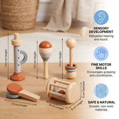 Montessori Wooden Baby Music Set – 5-Piece Sensory Rattle Toy Collection