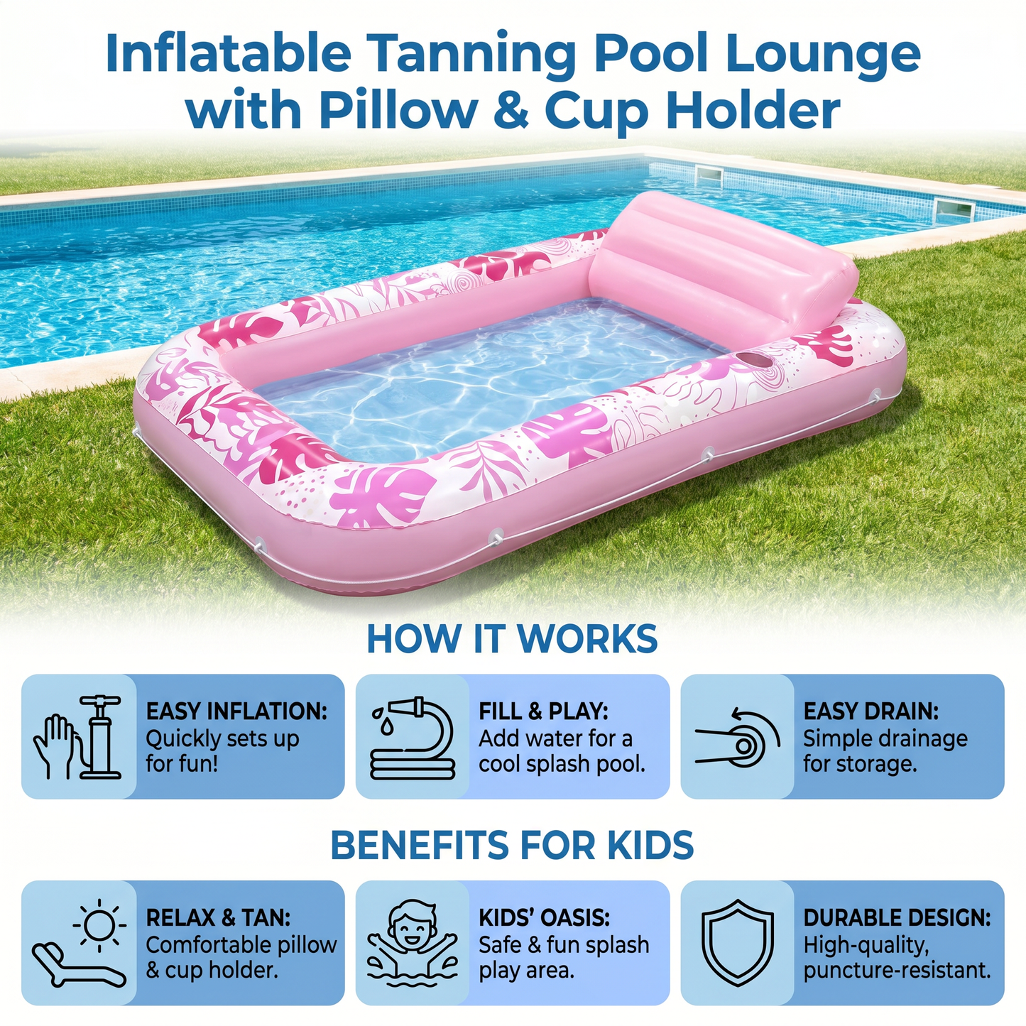 Inflatable Tanning Pool Lounge with Pillow & Cup Holder