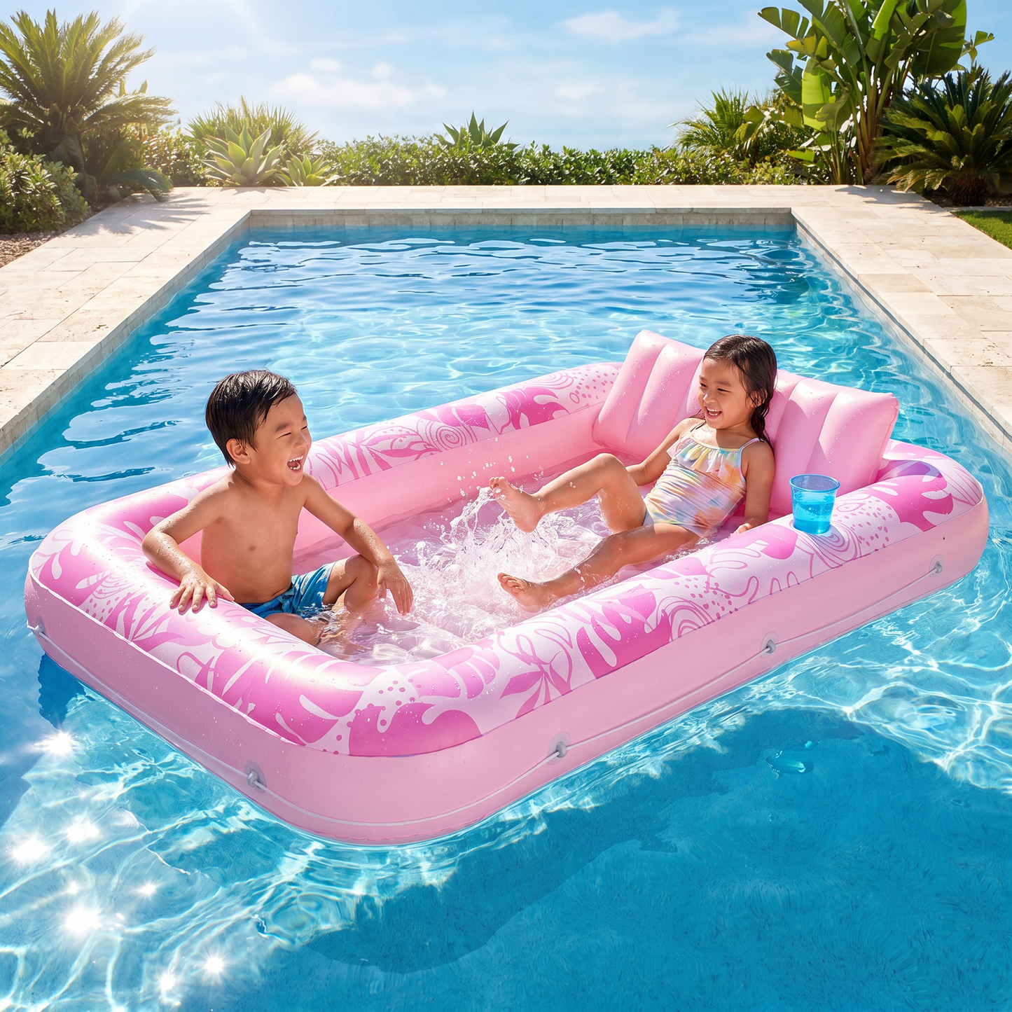 Inflatable Tanning Pool Lounge with Pillow & Cup Holder