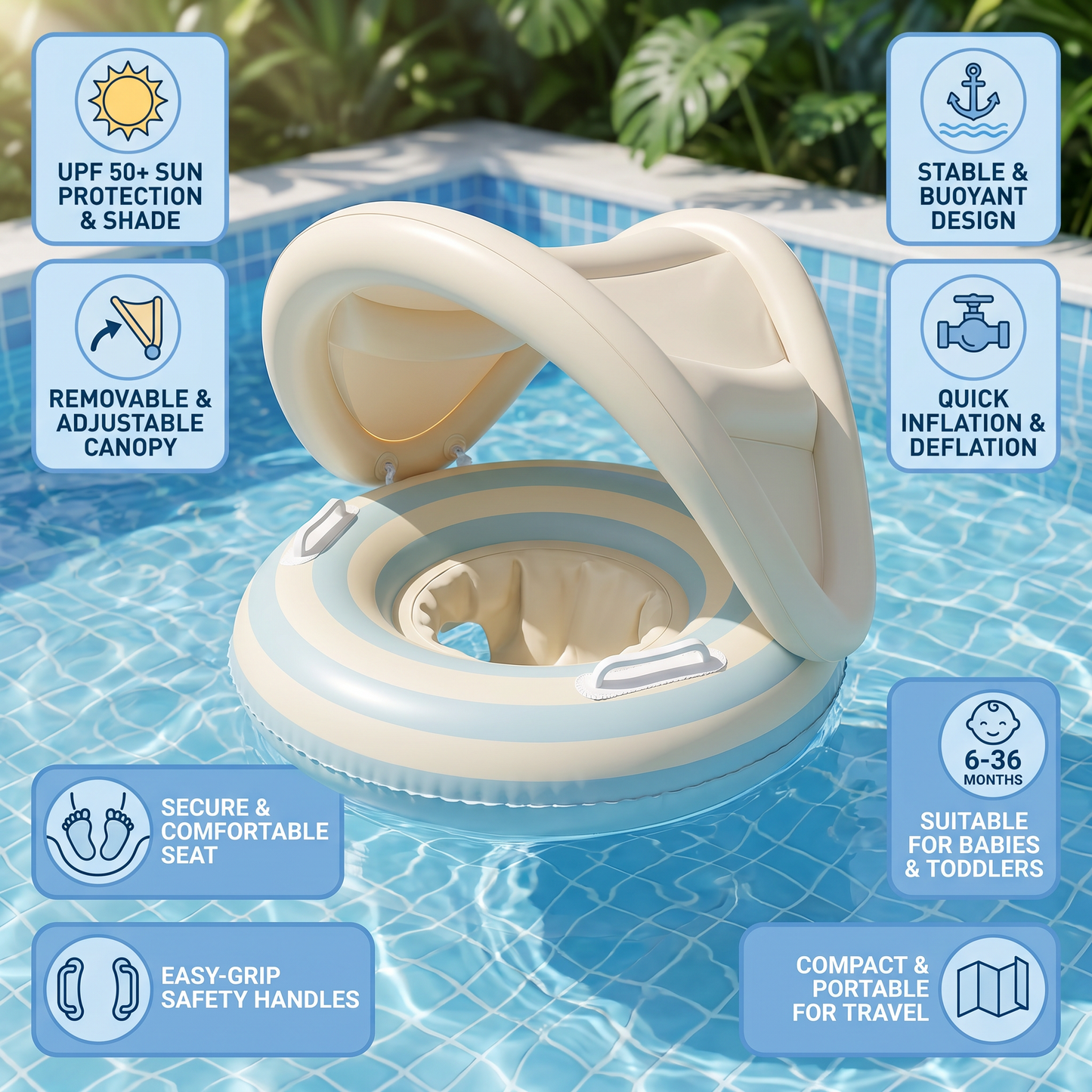 Inflatable Retro Lollipop Baby Swim Ring with Removable Sun Canopy – Secure Seat for 6–36 Months