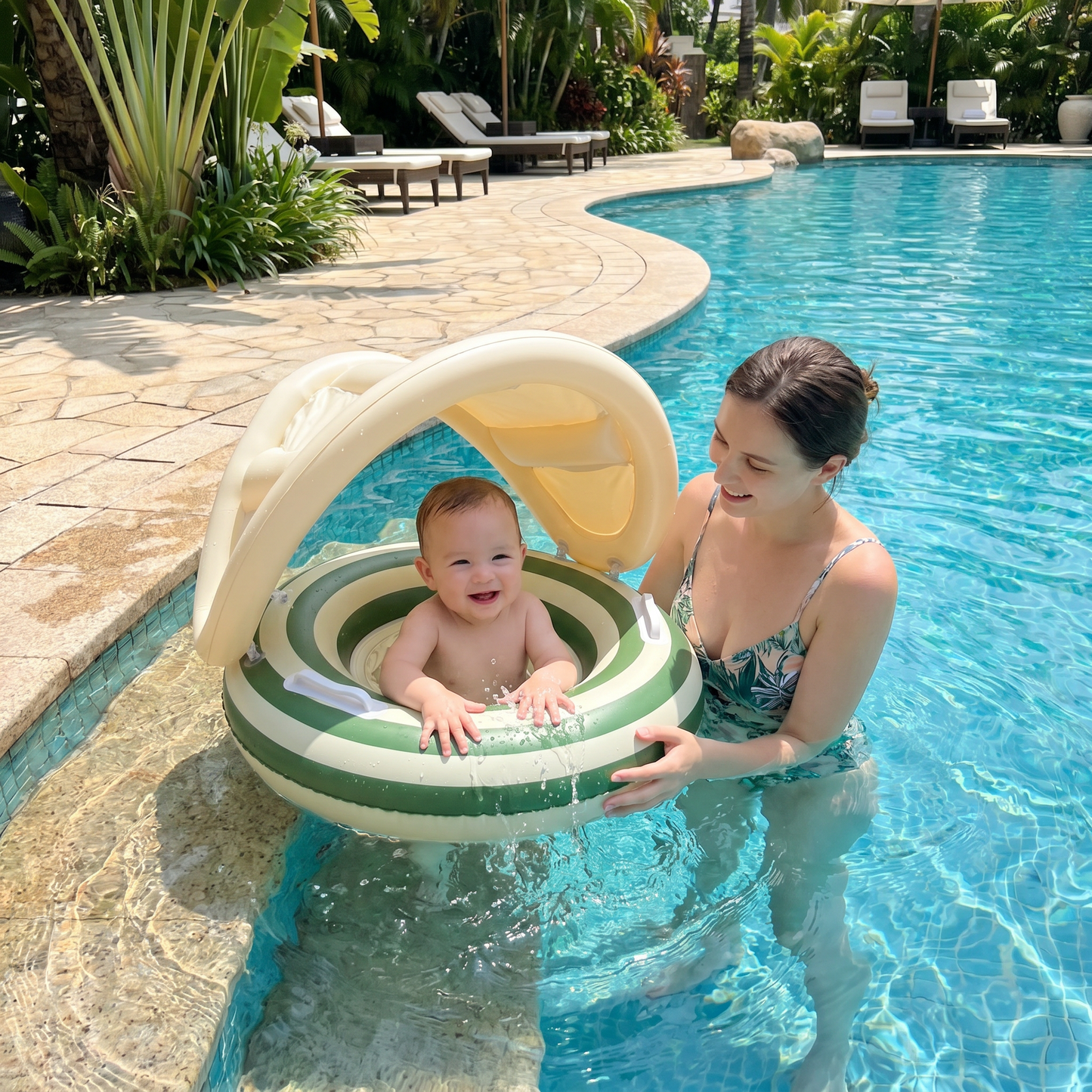 Inflatable Retro Lollipop Baby Swim Ring with Removable Sun Canopy – Secure Seat for 6–36 Months