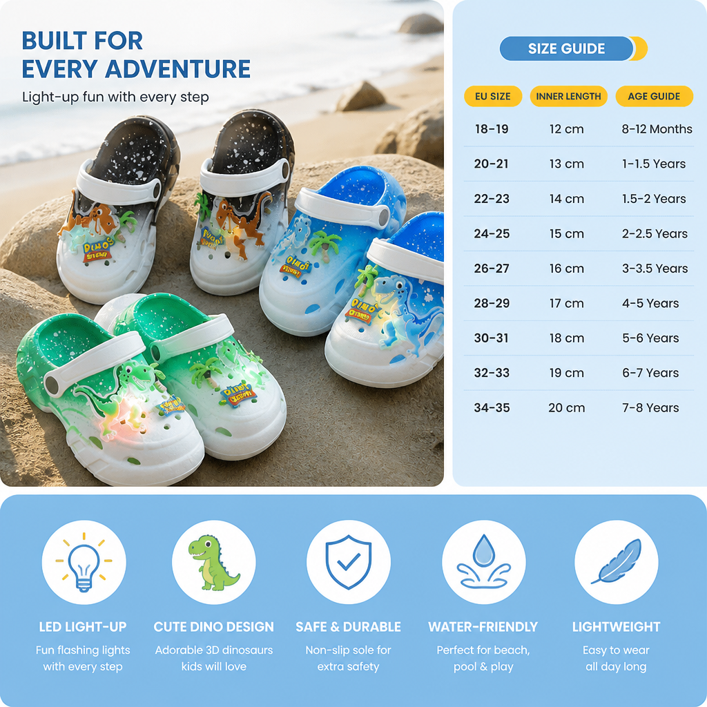 Kids’ LED Dinosaur Clogs – Light-Up Non-Slip Summer Garden & Beach Shoes