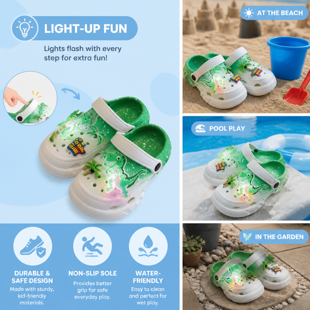 Kids’ LED Dinosaur Clogs – Light-Up Non-Slip Summer Garden & Beach Shoes