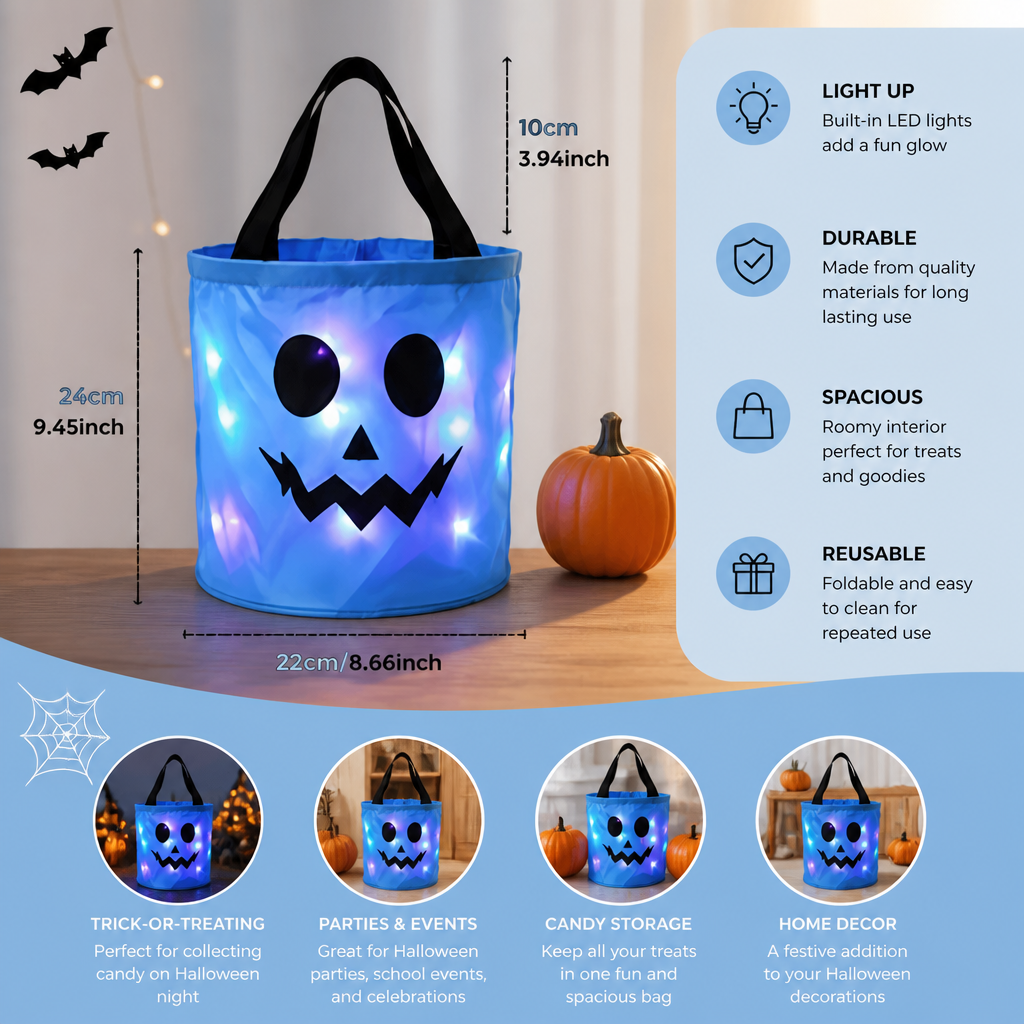 LED Halloween Trick-or-Treat Candy Bucket – Reusable Light-Up Tote Bag