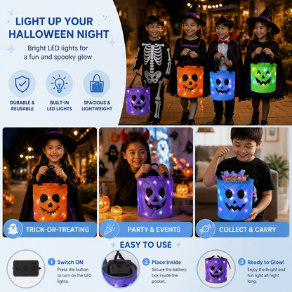 LED Halloween Trick-or-Treat Candy Bucket – Reusable Light-Up Tote Bag