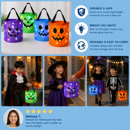 LED Halloween Trick-or-Treat Candy Bucket – Reusable Light-Up Tote Bag